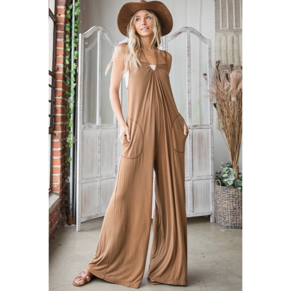 SOLD OUT Camel Bohemian Solid Convertible Oversized Wide Leg Casual Jumpsuit - Picture 2 of 5